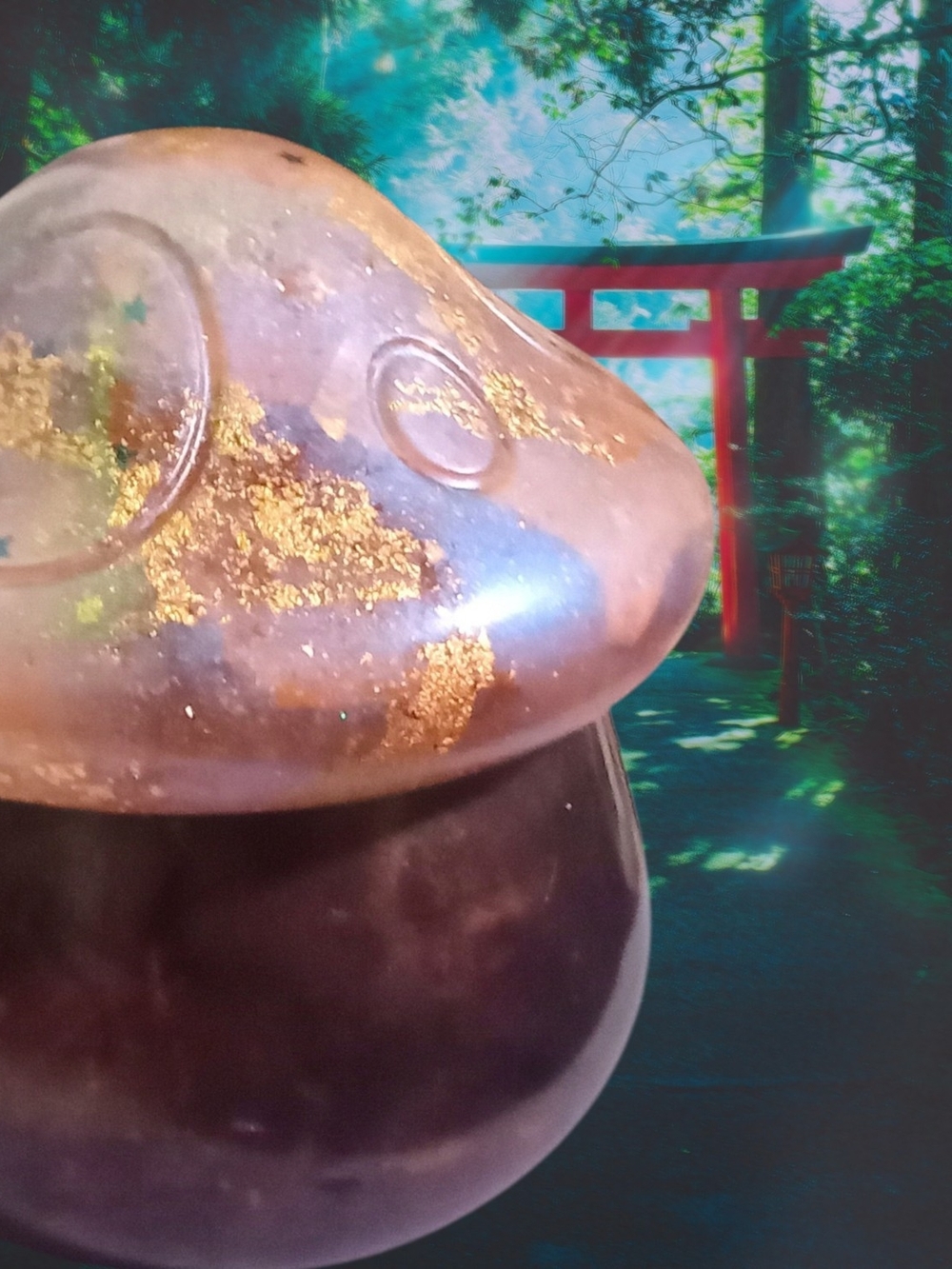 Decorative Glass Mushroom Sculpture in Purple with Gold Flecks